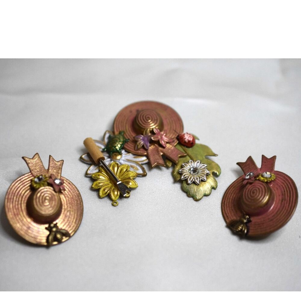 Vintage Hats/Flowers Enamel Work Rhinestone Accent Metal Clip Earrings & Brooch